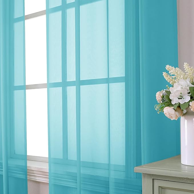 Aiyufeng Turquoise Sheer Curtains 72 Inch Length 2 Panels Set, Light Filtering Airy Rod Pocket Turquoise Window Curtain Treatment Drapes for Kitchen Bedroom Living, Each 42Wx72L Inches