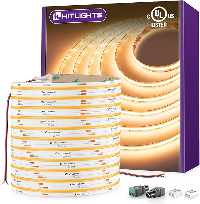 HitLights COB LED Strip Lights Warm White 2700K, 32.8ft Premium High Density 24V Tape Light, 5120 LEDs, 350+ LM/FT, CRI 90+, IP30, Lighting for Kitchen, Cabinets, UL Listed (Power Source Not Included)