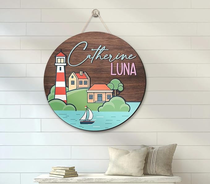Custom Lighthouse 3D Nursery Name Sign, Personalized Wooden Baby Name Signs, Kids Room Door Hanger, Baby Shower Gifts for Baby Boy Girl Birthday, Signs for Kids Room Door Decor