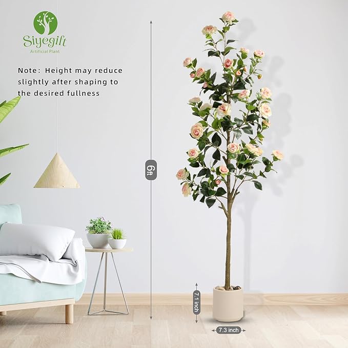 6FT Artificial Camellia Tree with White Planter & Pebbles,Faux Flower Tree with Lifelike Leaves and Realistic Trunk,Tall Fake Potted Plant for Home Décor Indoor Outdoor. (White, 6FT)