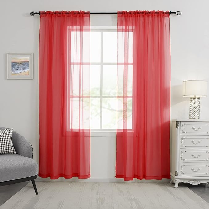 HUTO Christmas Red Sheer Voile Curtains 84 inches Long for Baby Wedding Party Backdrop Rod Pocket Window Sheer Panels Drapes for Bedroom Nursery Living Room 2 Panels 52 Inch Width by 84 Inch Length