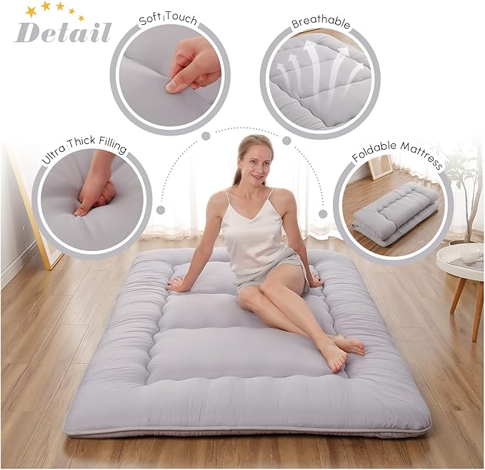 Japanese Floor Mattress, Futon Mattress with Portable Storage Bag and Washable Cover, Roll Up Thick Tatami Mat Suitable for Camping, Guest Room, Grey, Twin