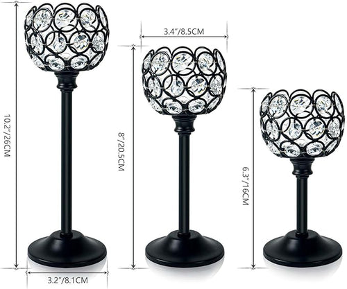 12pcs Bulk Crystal Candle Holders Set, 3 Sizes Tealight Candlestick Holders for Wedding Table Centerpiece, Fireplace Candelabra, Home Decor – Black (Kehail)