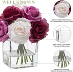 WELL KNOWN Rose Artificial Flowers in Vase with Faux Water, Silk Rose Table Centerpieces for Home Coffee Table Decor, Fake Roses Flower Arrangements for Office Hotel Lavatory Decor (Purple & White)