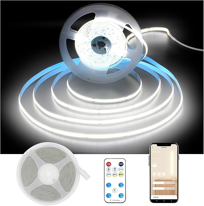 DAYBETTER COB LED Strip Lights, 32.8 ft/10 m 3200 LEDs Bright Daylight White LED Light Strips with Remote and App, 6500K Dimmable LED Tape Light, Indoor COB LED Lights for Bedroom DIY Lighting