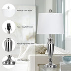 Metal Table Lamps Set of 2, 3 Way Touch Control Silver Bedside Lamps with USB A+C Ports, Modern Brushed Nickel Nightstand Lamps for Bedroom Living Room