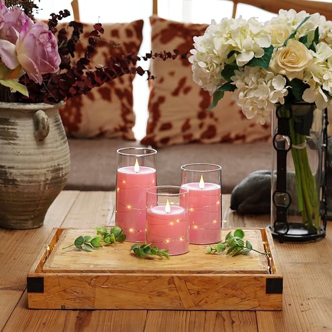 Homemory Flickering Flameless Candles with String Lights, Battery Operated Candles, Embedded String Lights LED Candles, Unbreakable Plexiglass Candle with Remote, Set of 3, Pink