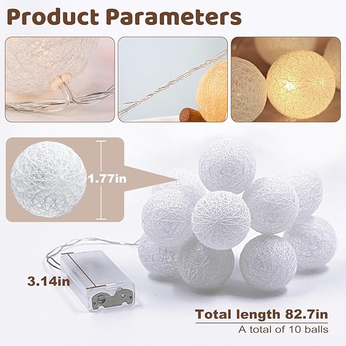 Anordsem Battery String Light Indoor: 6.88Ft/10 LED Cotton Ball Lanterns 2 Pack - Fairy Cozy Lighting Hanging Deco for Bedroom Party - Christmas Gifts for Babies Adults 25-50