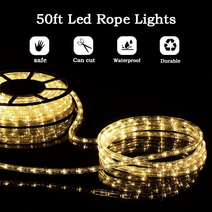 50Ft LED Rope Lights, Cuttable LED Strip Lights Outdoor Waterproof Decorative Lighting for Indoor/Outdoor Decorations,Eaves,Backyards Garden,Party and Bedroom Decorations(Warm White)