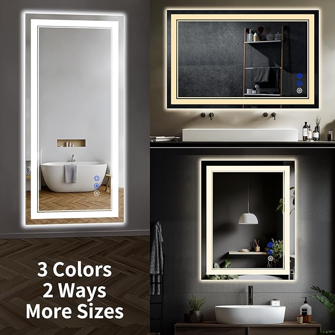 30"x24" LED Bathroom Mirror with Anti-Fog, Stepless Dimmable Lights, 3 Color Modes, Shatter-Proof Tempered Glass, Memory Function & Waterproof Design
