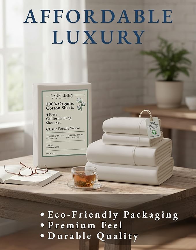 LANE LINEN 100% Organic Cotton California King Sheets Set, 4-Piece Pure Organic Cotton Long Staple Percale Weave Soft Best Bedding Sheets for Bed, Fits Mattress Upto 15" Deep - Glacier Grey