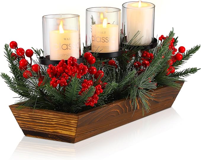 3 Pillar Christmas Table Centerpiece Christmas Candle Holder Artificial Red Berries Pine Cones with Steal Base Frosted Berry Arrangement for Home Decor