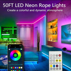 50FT Neon Rope Lights,Flexible Led Rope Light Control with App/Remote,Multiple Modes,Music Sync,IP65 Outdoor RGB Led Strip Lights Waterproof