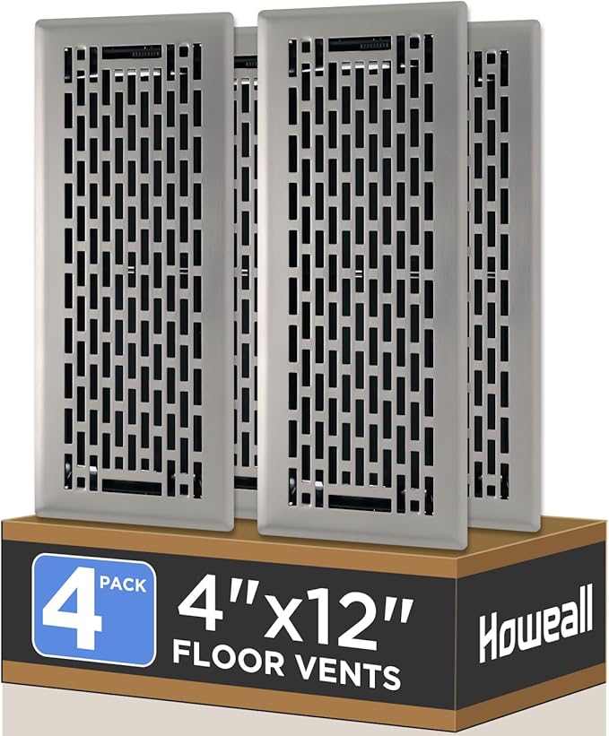 4x12 Inches 4 Pack Heavy Duty Walkable Floor Register - Easy Adjust Air Supply Lever Decorative Floor Vent Covers, Boston Design Vent Covers for Home - Satin Nickel