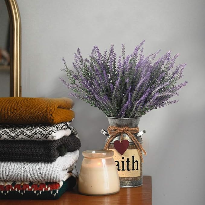 Artificial Lavender Flowers with Vase,Fake Lavender Plant Artificial in Metal Vase for Kitchen Counter Rustic Farmhouse Decor (Faith,Purple)