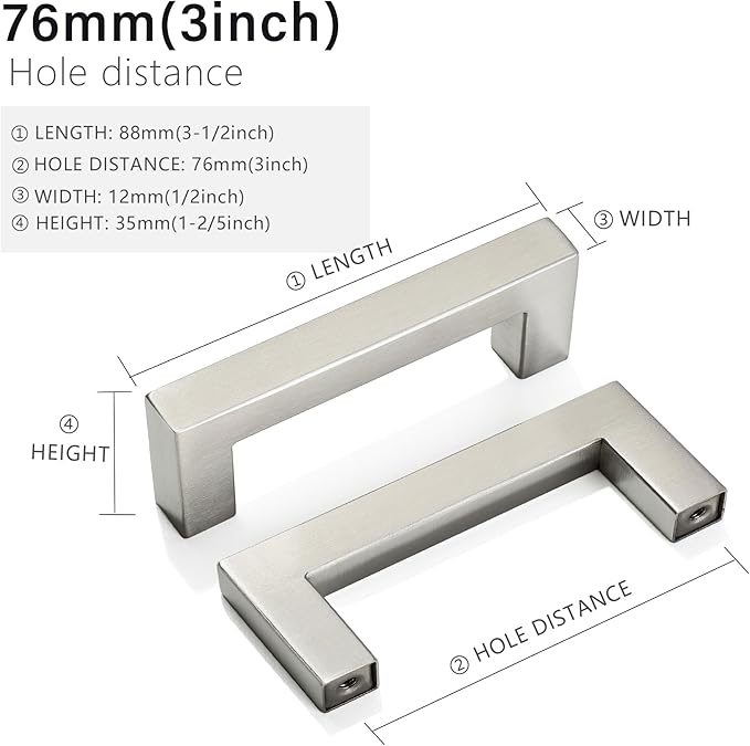 Cabinet Pulls Brushed Nickel Cabinet Handles Square Drawer Pulls, 10 Pack 3 Inch Stainless Steel Kitchen Door Cupboard Cabinet Handles, Cabinet Hardware Drawer Handles, 76mm Hole Centers
