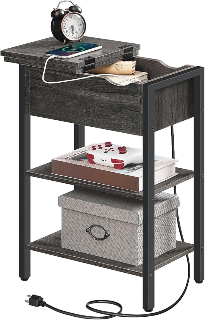 HOOBRO End Table with Charging Station, Narrow Side Table, Flip Top Nightstand with USB Ports and Outlets, Bedside Tables with Shelf for Small Spaces, Living Room, Charcoal Black BC341BZ01