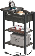 HOOBRO End Table with Charging Station, Narrow Side Table, Flip Top Nightstand with USB Ports and Outlets, Bedside Tables with Shelf for Small Spaces, Living Room, Charcoal Black BC341BZ01