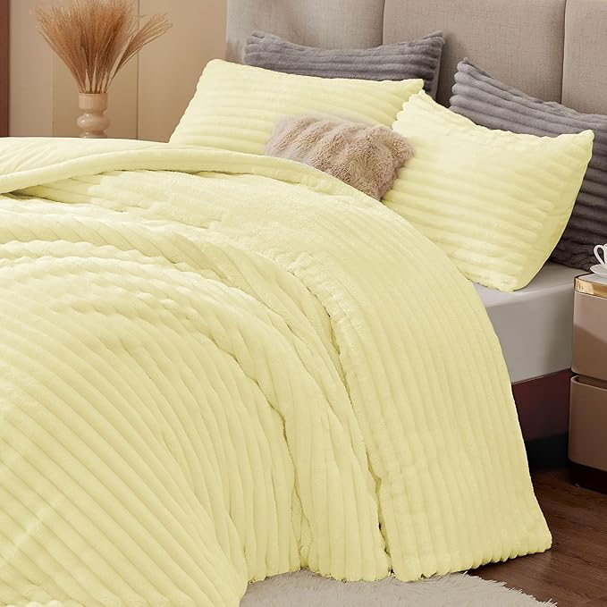 BEDELITE Fleece Queen Comforter Set -Super Soft & Warm Fluffy Transparent Yellow Bedding, Luxury Fuzzy Heavy Bed Set for Winter with 2 Pillow Cases
