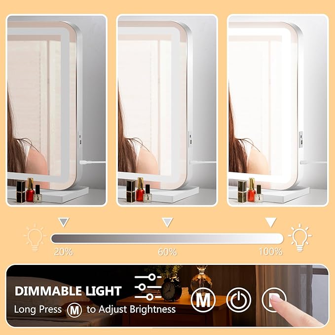 32"x24" Vanity Mirror with Lights, Led Makeup Mirror, Lighted Makeup Mirror with 3 Color Dimmable Lights, Smart Touch Screen Control, Aluminum Metal Frame,USB Charging Port