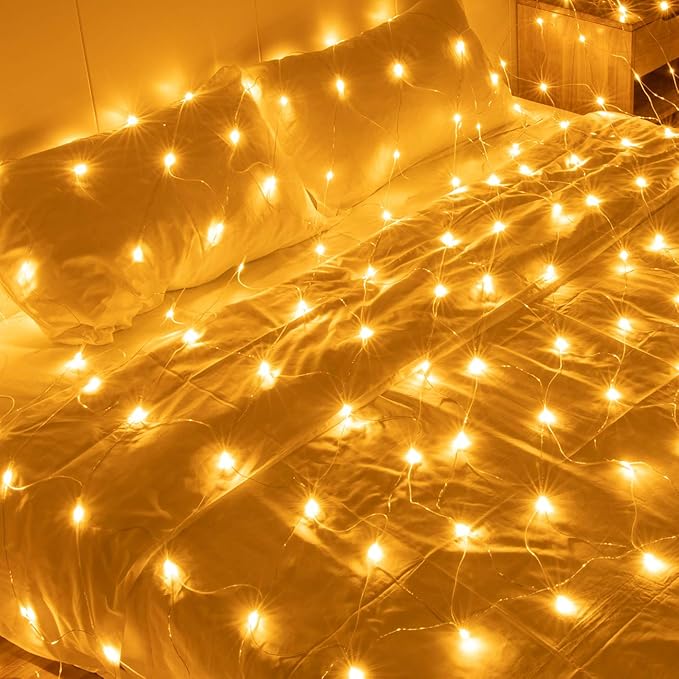 AWQ 200 LED 9.8ft x 6.6ft String Lights Net Mesh Christmas Lights 8 Modes for Christmas Wedding Party Home Garden Lawn Bushes Indoor Outdoor Decor (9.8ft x 6.6ft, Warm White)