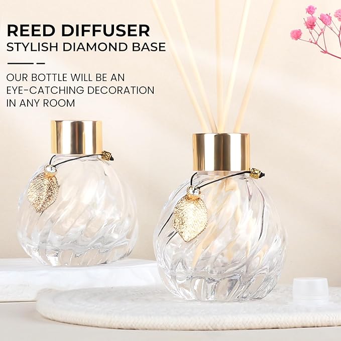 4-Piece Reed Diffuser Set with Metal Golden Decoration, 3.5-4.2oz Empty Bottles and 20 Reed Sticks, Unique Design for Home and Office (4 Different Bottles)