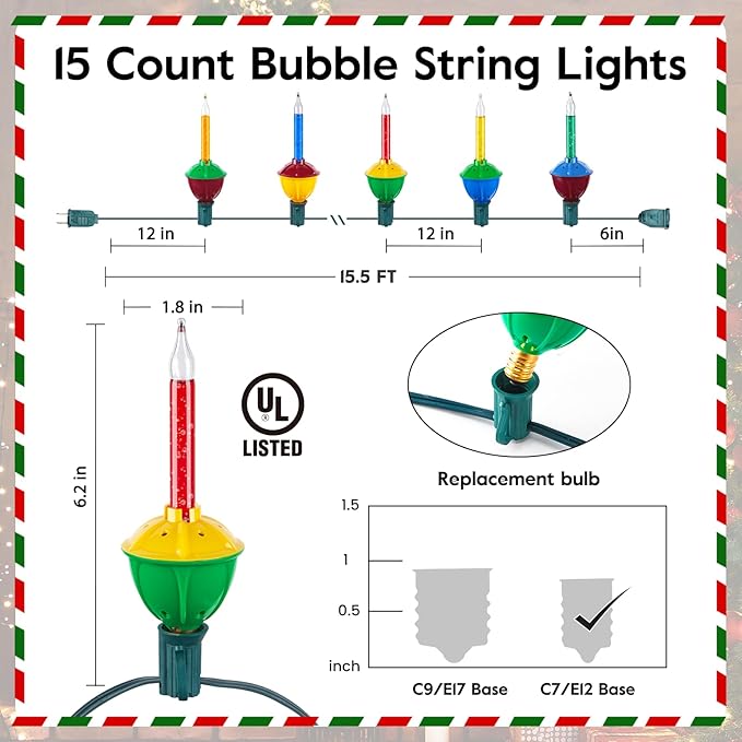 Christmas Bubble String Lights - 15 Counts Christmas Lights Bulb, Traditional Multicolor Bubble Decorative Lights for Holiday Christmas Celebrations Lighting, Warm White