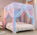 Mengersi Rainbow Canopy Bed Curtains with Lights -Bed Canopy for Girls - Bed Drapes Netting- Bedroom Decoration Accessories,California King