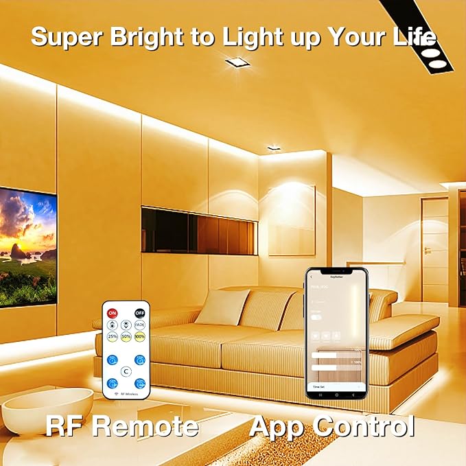DAYBETTER COB Led Strip Lights with Remote and App Control, 32.8ft 3000K Dimmable Ultra Bright Warm White Led COB Light Strip, 3200 LEDs Led Lights for Bedroom, Cabinet, Living Room Decor