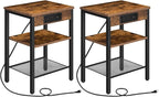 HOOBRO End Tables Set of 2 with Charging Station and USB Port, 3-Tier Nightstands with Adjustable Shelf, Small Side Tables for Small Space in Living Room, Bedroom, Rustic Brown BF112BZP201
