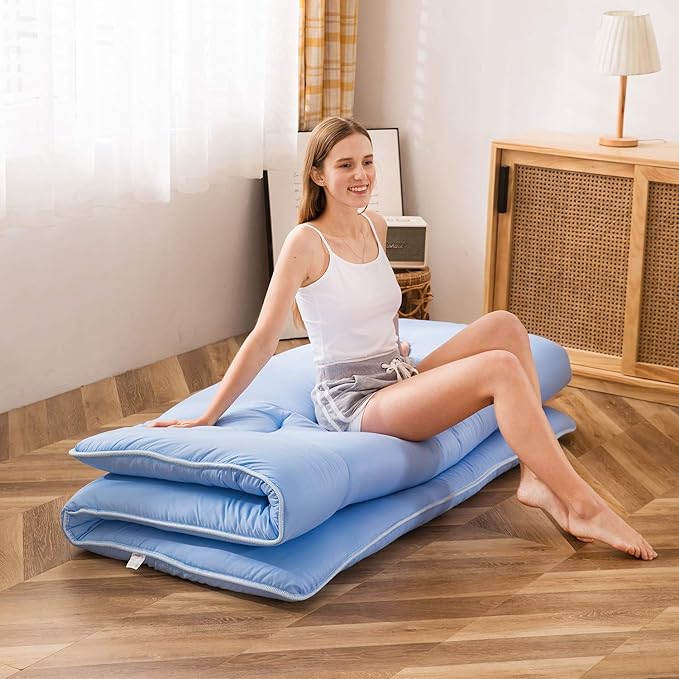 MAXYOYO Japanese Floor Mattress Futon Mattress, Thicken Sleeping Pad Foldable Roll Up Floor Futon for Adults Tatami Mat Dormitory Bed Lounger, Dusty Blue, Full Size