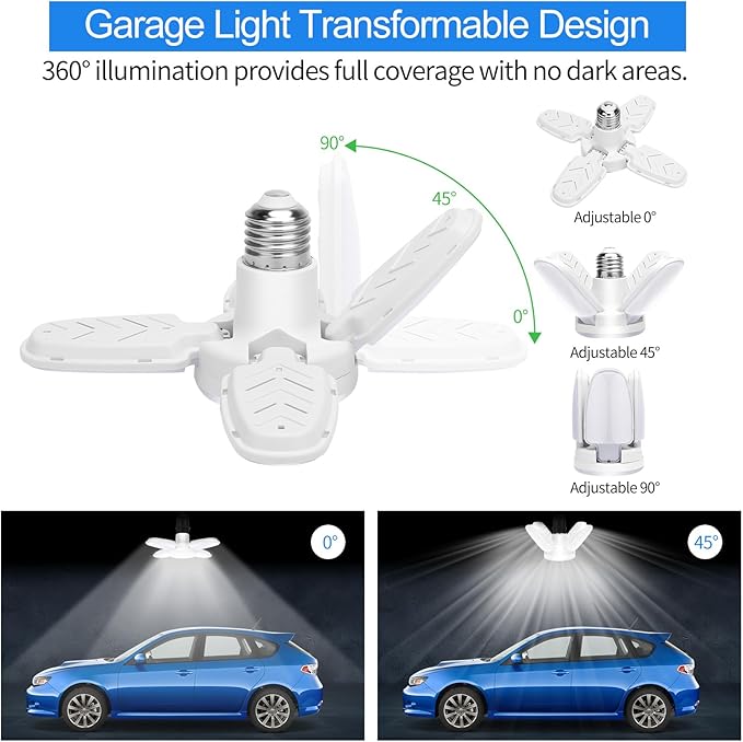 4Pack LED Garage Light Bulb, Mini 50W LED Garage Ceiling Lights 4+1 Adjustable Panels,5000Lumen Garage LED Light Bulb,E26 6500K Daylight LED Shop Lights for Garage,Kitchen,Living Room,Attic Light