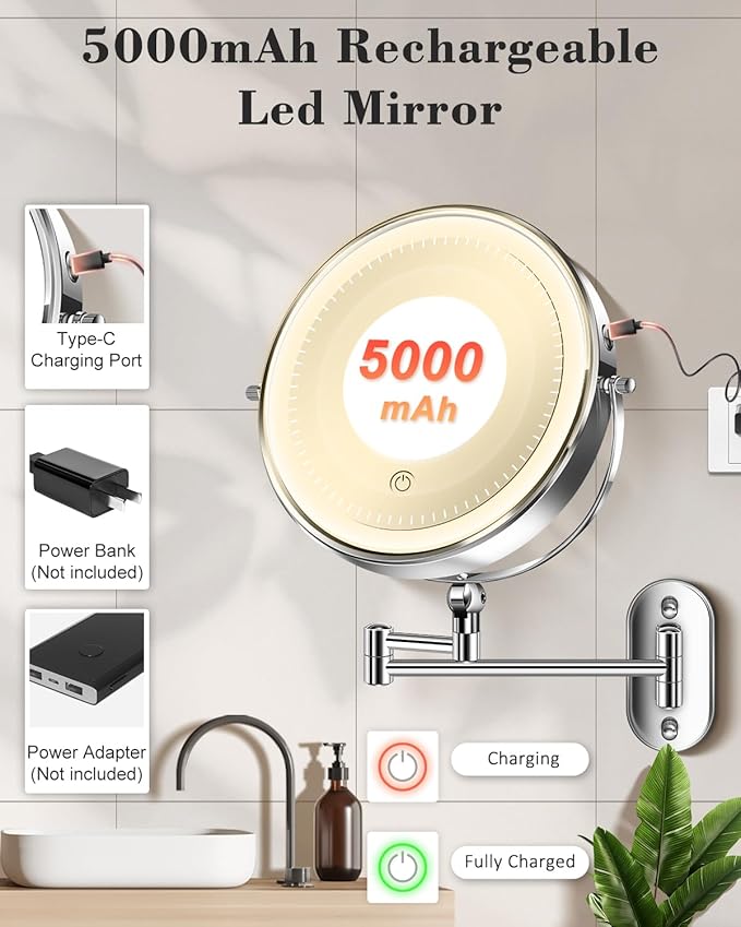 30X/1X Wall Mounted Lighted Makeup Mirror, 9'' Height Adjustable Double Sided 5000mAh Rechargeable Magnifying Bathroom Mirror with Light, 3 Color Modes Touch Dimmable Extended Arm 360 Rotation