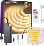 HitLights COB LED Strip Lights Kit Warm White with Remote & 24V Power Supply,16.4ft Dimmable Tape Light 3000K, 2560LEDs, 350+LM/FT, UL Listed, Flexible Rope Lights for Bedroom Kitchen Cabinet Lighting