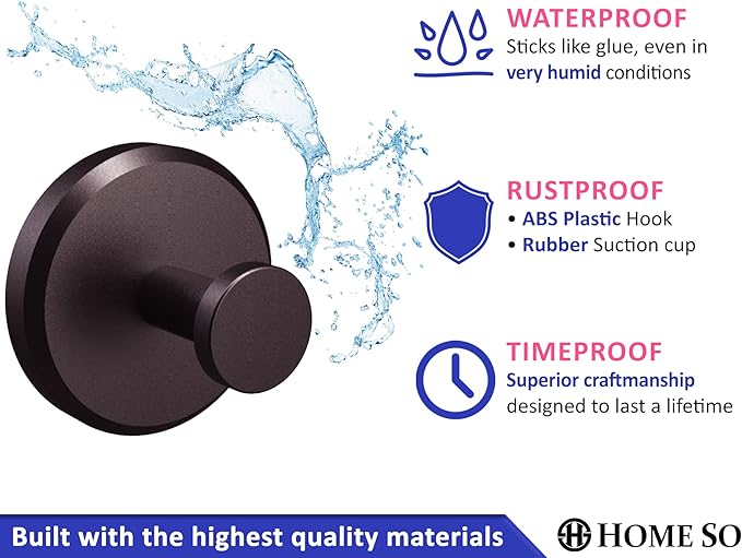 HOME SO Suction Cup Hooks for Shower, Bathroom, Kitchen, Glass Door, Mirror, Tile – Loofah, Towel, Coat, Bath Robe Hook Holder for Hanging up to 15 lbs – Waterproof & Rustproof, Dark Bronze (2-Pack)