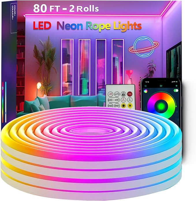 80FT Neon Rope Lights,Flexible Led Rope Light Control with App/Remote,Multiple Modes,Music Sync,IP65 Outdoor RGB Led Strip Lights Waterproof