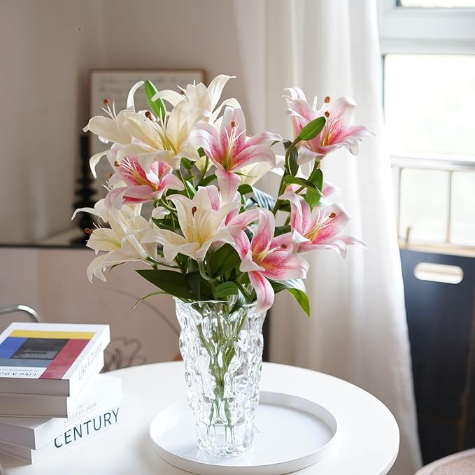 ASTRYAS 18 Heads Artifical Lily Flowers, Pink Artificial Stargazer Lilies with 18 Heads Full Bloom Lily & 6 Buds-Faux Lilies Flowers for Home Hotel Flower Arrangement Party Decor Cemetery（2PCS, Pink