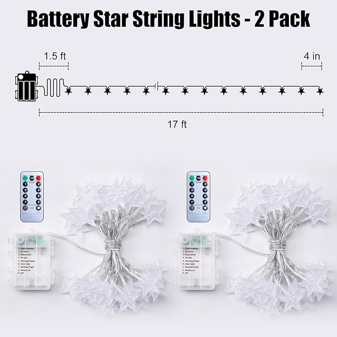 Brightown Star String Lights Battery Operated - 2 Pack 17 ft 50 LED Star Fairy String Lights with Remote and Timer, 8 Modes Waterproof for Bedroom Tent Loft Bed Patio Party Wedding Decor, White