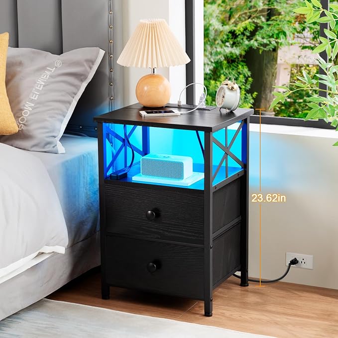 AMHANCIBLE Nightstand with Fast Charging Station, End Table Living Room with USB Charger 3-Port & 2-Power Outlet, Bedside Table with Fabric Drawers for Bedroom HET052LBK1