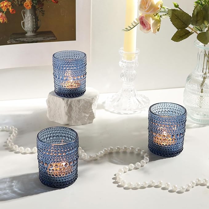 48 Pack Votive Candle Holders for Wedding, 2x2.5in Blue Vintage Glass Tea Light Candle Holders for Baby Shower, Tealight Candle Holder Decor for Home Table Centerpieces