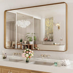 LOAAO 60X36 Inch Bathroom Mirror with Wood Grain Colored Metal Frame, Rounded Rectangle Metal Framed Bathroom Mirror, Anti-Rust, Hangs Horizontally or Vertically, Tempered Glass