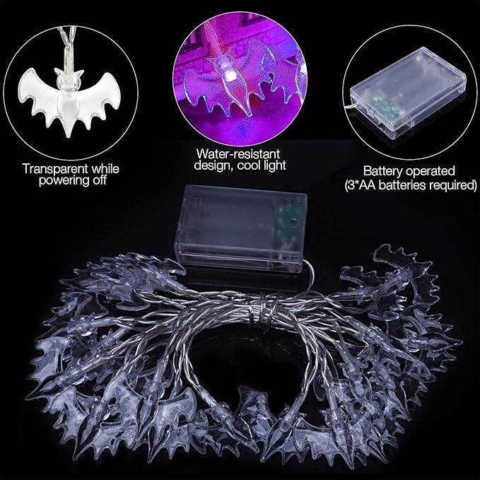 AOSTAR Set of 3 Halloween Lights (20 LEDs Orange Pumpkins, Purple Bats, White Ghosts), Battery Operated String Lights for Halloween Decorations Outdoor & Indoor