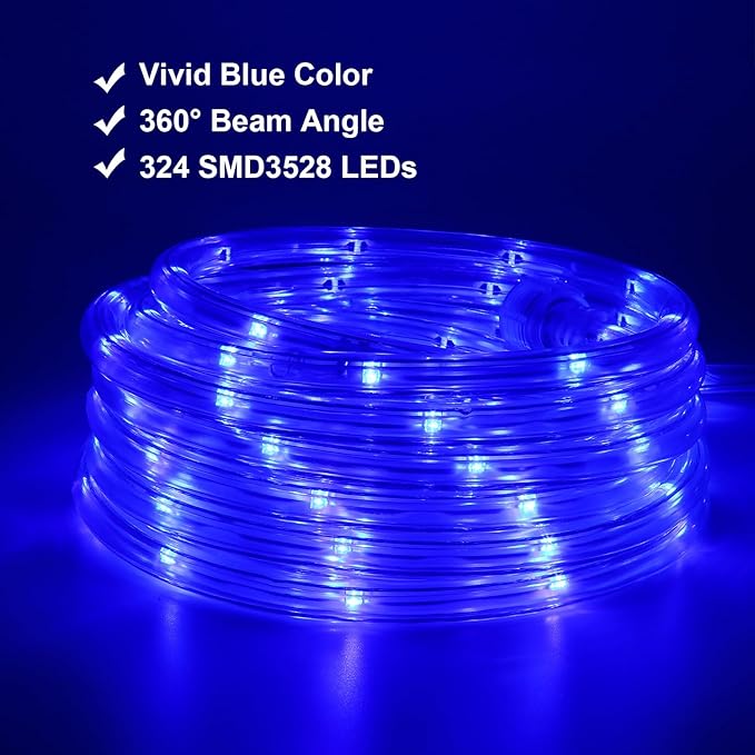 48ft Blue LED Rope Lights Outdoor Waterproof - 324 LEDs Christmas Rope Lights, 120V ETL Certified, Connectable to 192ft, w/24 Mounting Clips & Screws - Patriotic Porch Decor