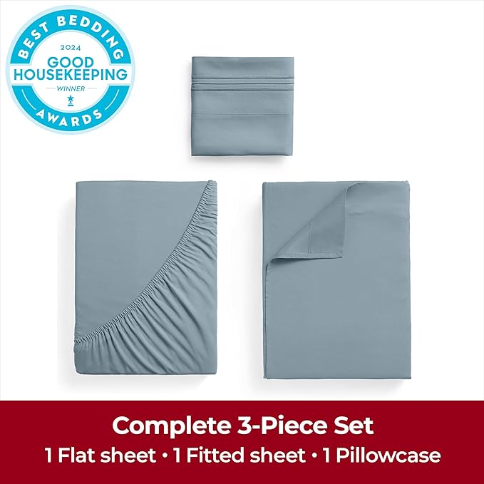 Mellanni Extra Deep Twin XL Sheets - 3 PC Iconic Collection Bedding - Hotel Luxury, Ultra Soft, Cooling Bed Sheets - Wrinkle, Fade, Stain Resistant (Twin Extra Long, Spa Blue)