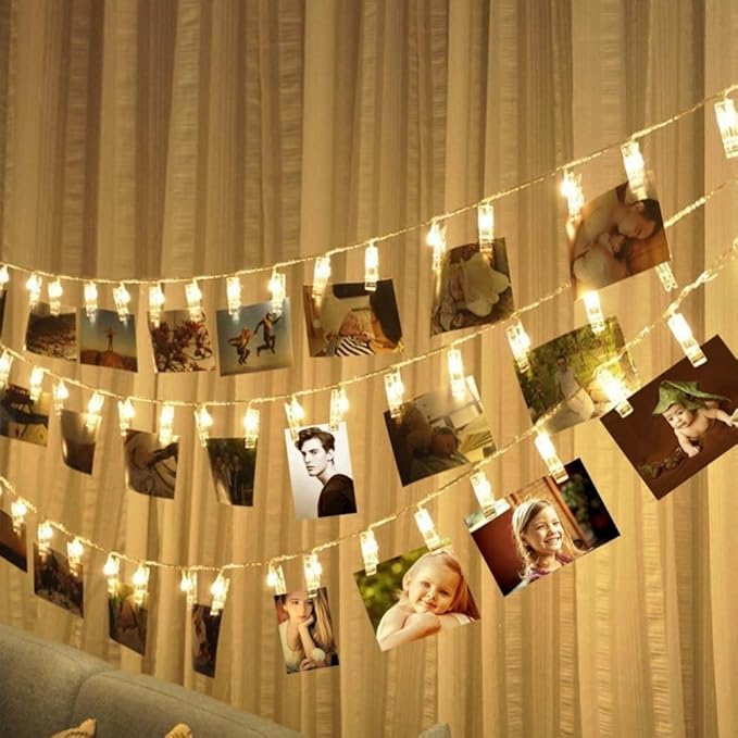 Decute 50LED Photo Clips String Lights Holder Timer Function 8 Modes Dimmable with Remote, 17FT Fairy Starry Lights for Christmas Card Bedroom Wedding Party Hanging Photos Pictures Memos, Warm White