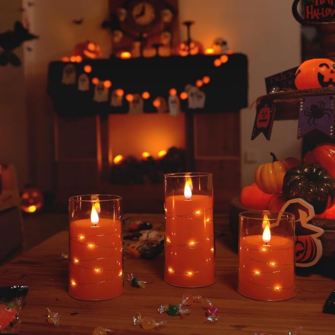 Homemory Halloween Orange Flameless Candles with String Lights, Battery Operated LED Candles with Remote and Timer, Candles for Halloween Decoration, Fall, Harvest Festival
