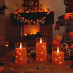 Homemory Halloween Orange Flameless Candles with String Lights, Battery Operated LED Candles with Remote and Timer, Candles for Halloween Decoration, Fall, Harvest Festival