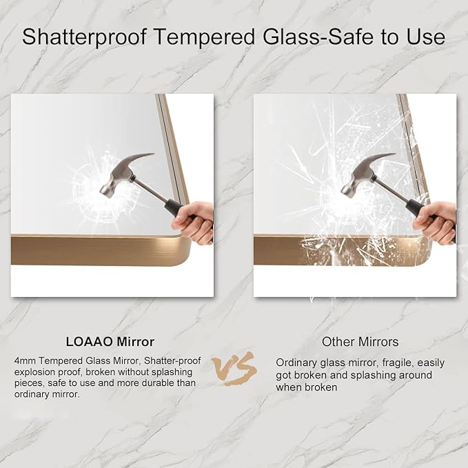 LOAAO 60”X28” Gold Bathroom Mirror, Rounded Rectangle Gold Frame Mirror, Brushed Gold Bathroom Vanity Mirror Wall-Mounted, Anti-Rust, Tempered Glass, Hangs Horizontally or Vertically