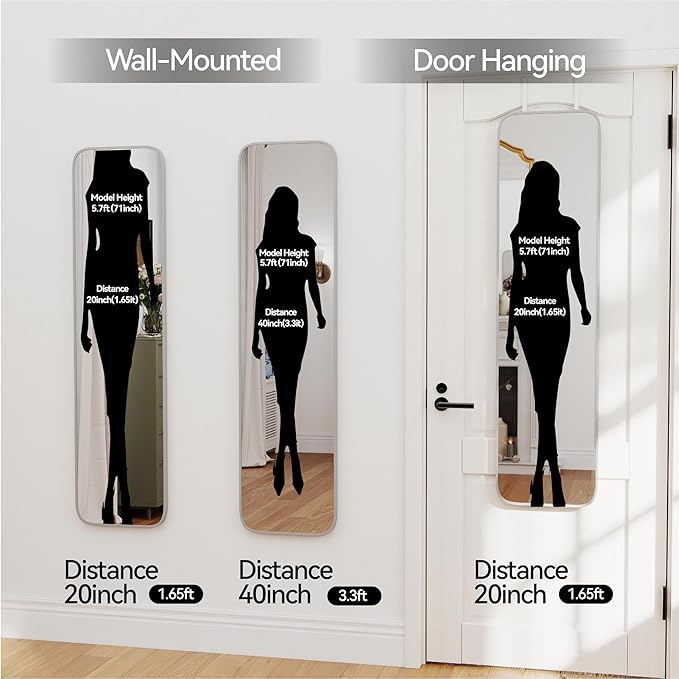 47x14 Mirror Rectangle Full Body Length Door Hanging Wall Mounted Metal Frame Dressing Make-up Mirrors for Entryway Bedroom Bathroom Living Room 47 14 inch Silver