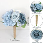 Artificial Bridesmaids Bouquets Set of 4 - 7 inch Silk Rose Bouquets for Bridesmaids, Pre-made Bridesmaid Flowers Small Bouquet for Wedding Vintage Country Bridal Shower Decorations -Dusty Blue